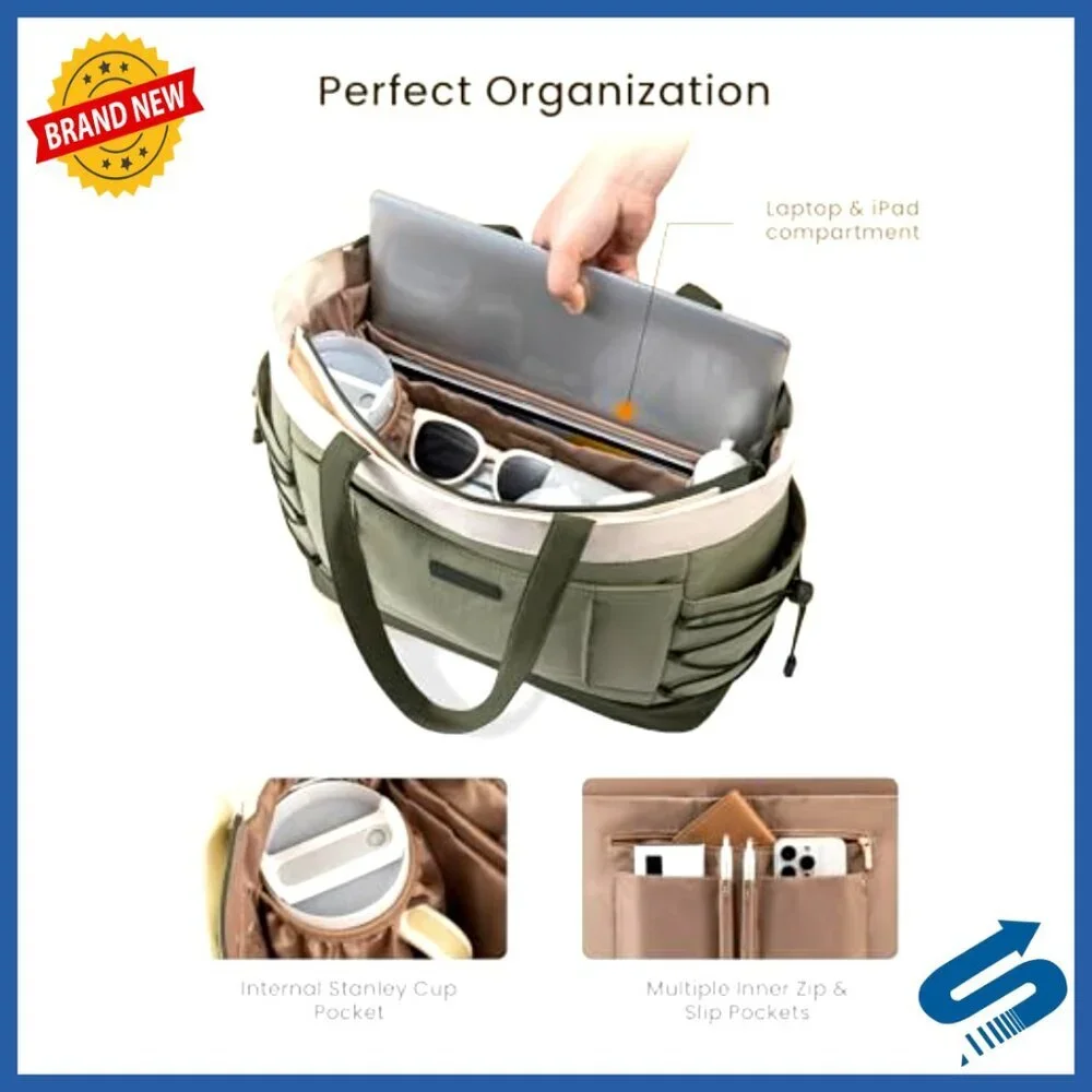 Puffer Tote Bag Lightweight Large Cup Holder Laptop Compartment Travel Work